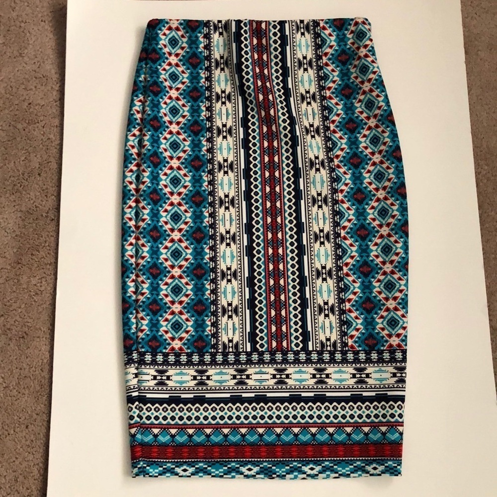 By & By Pencil Skirt Navy, Red, Teal Aztec Small
